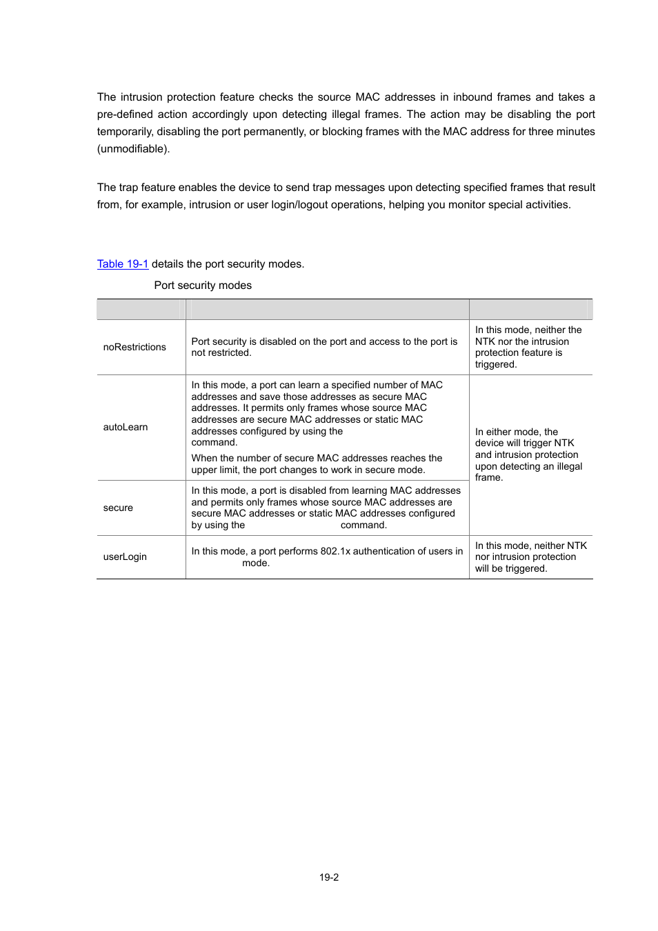Intrusion protection, Trap, Port security modes | H3C Technologies H3C WX6000 Series Access Controllers User Manual | Page 141 / 678