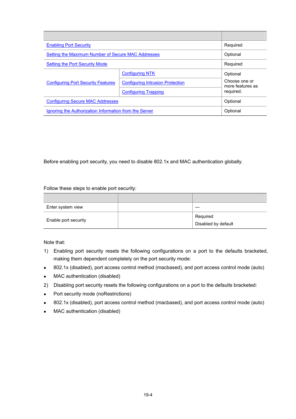 Enabling port security, Configuration prerequisites, Configuration procedure | 4 configuration procedure | H3C Technologies H3C WX6000 Series Access Controllers User Manual | Page 143 / 678