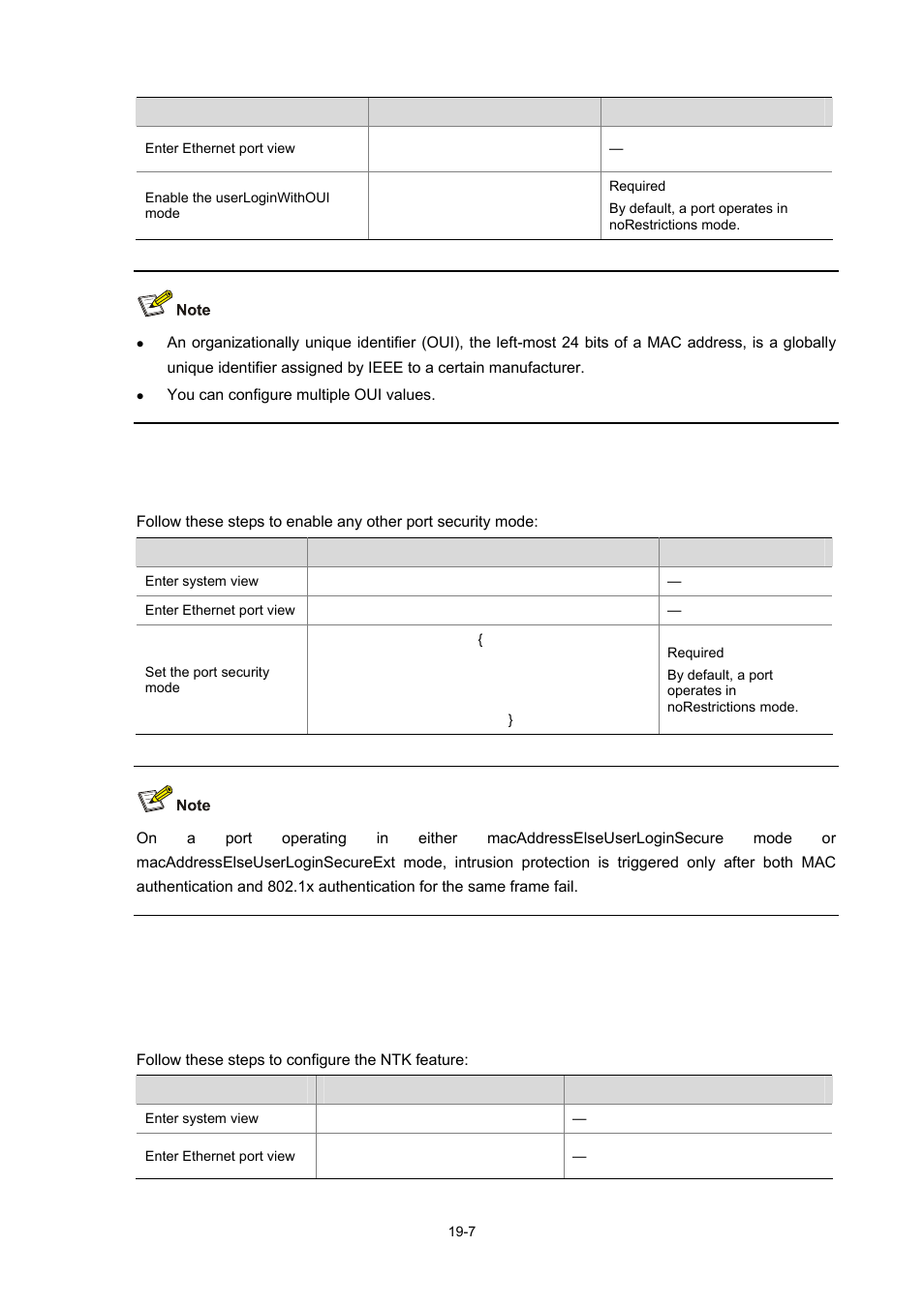 Enabling any other port security mode, Configuring port security features, Configuring ntk | H3C Technologies H3C WX6000 Series Access Controllers User Manual | Page 146 / 678