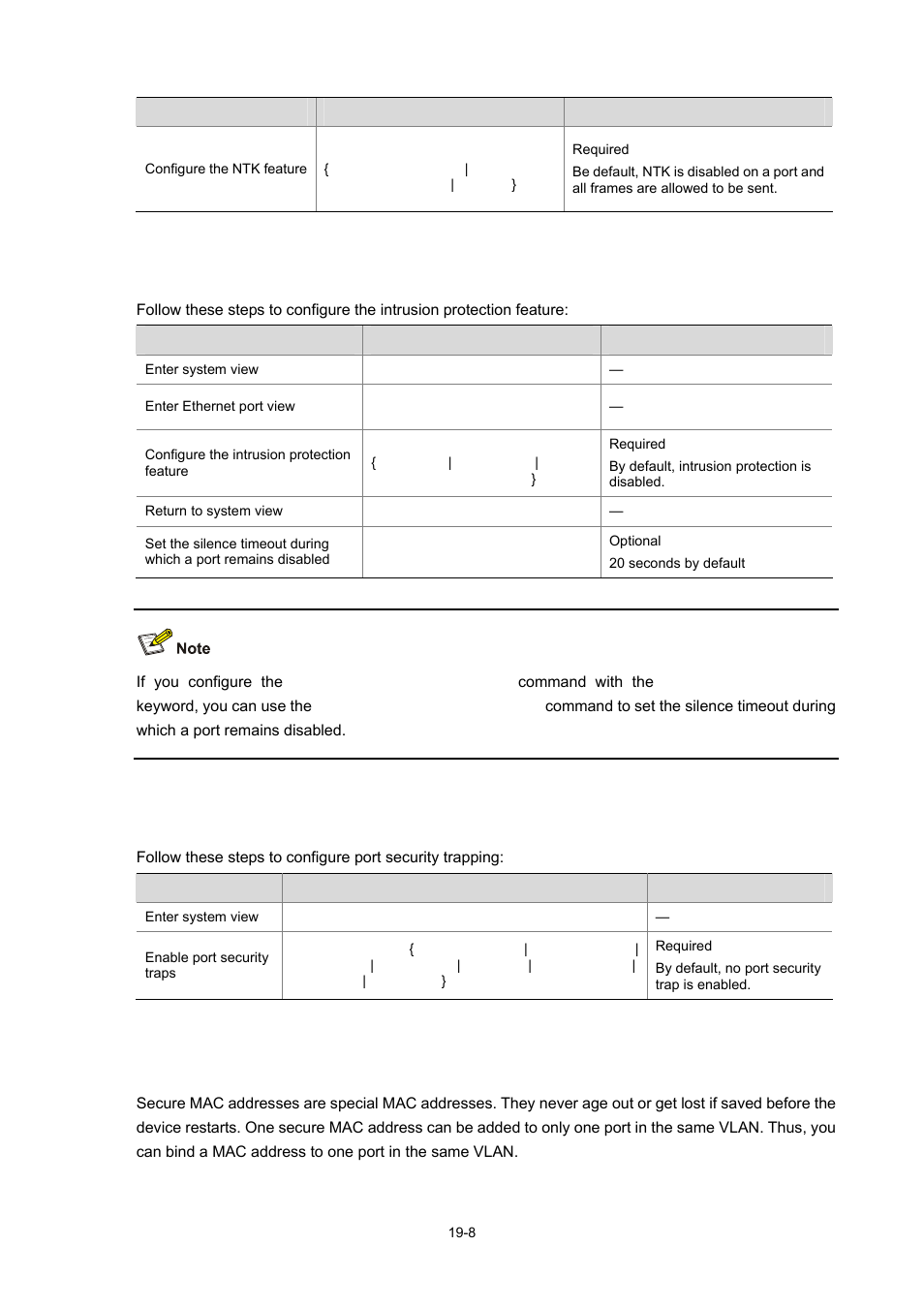 Configuring intrusion protection, Configuring trapping, Configuring secure mac addresses | 8 configuring trapping | H3C Technologies H3C WX6000 Series Access Controllers User Manual | Page 147 / 678