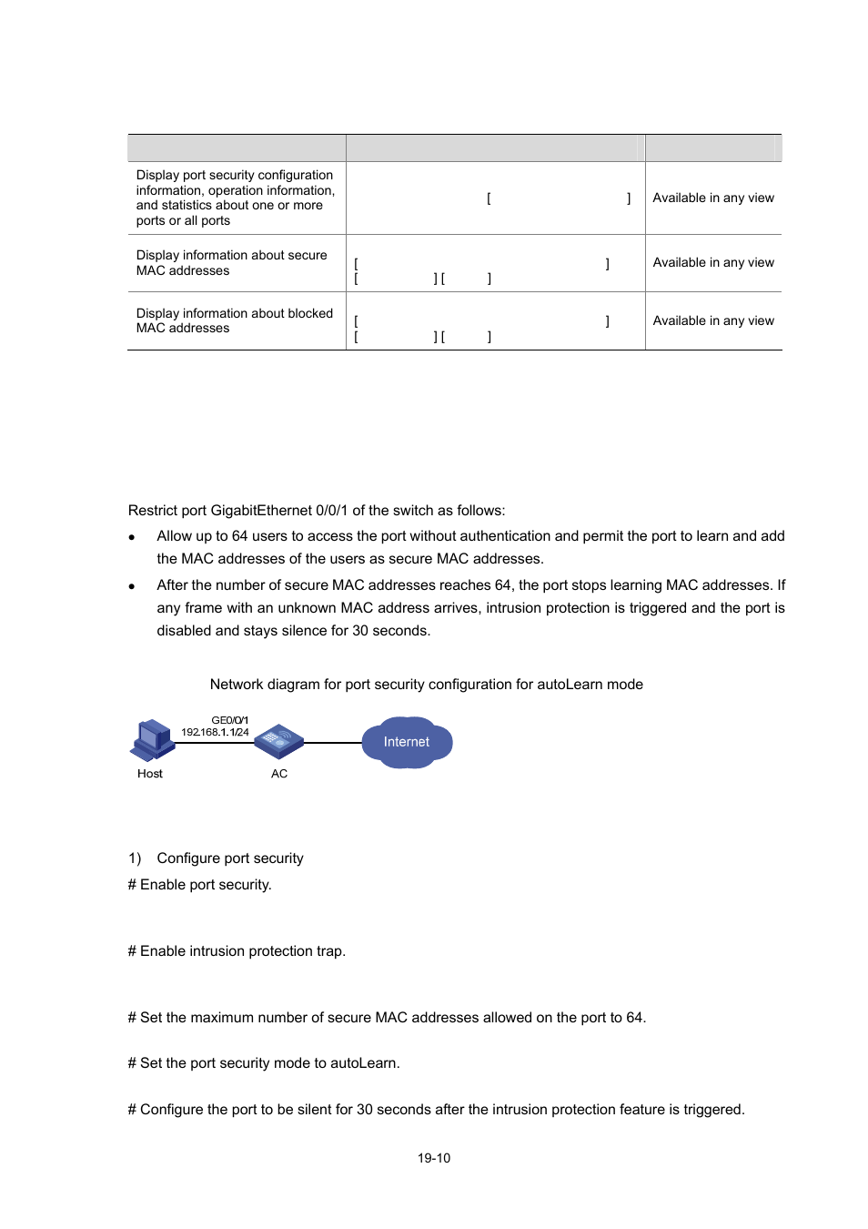 Displaying and maintaining port security, Port security configuration examples, Port security configuration for autolearn mode | Network requirements, Network diagram, Configuration procedure, 10 port security configuration examples | H3C Technologies H3C WX6000 Series Access Controllers User Manual | Page 149 / 678
