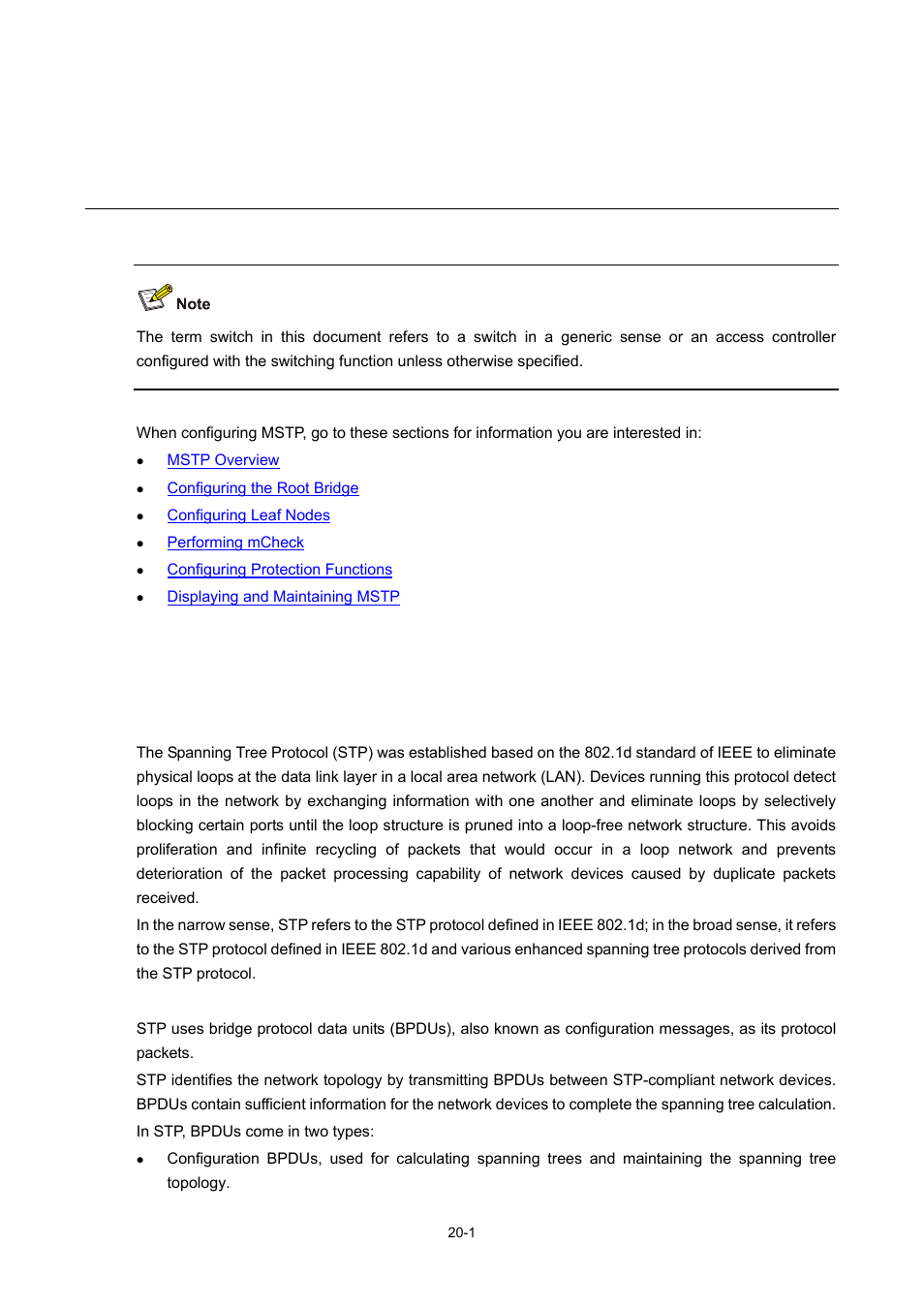 20 mstp configuration, Mstp overview, Introduction to stp | Why stp, Protocol packets of stp, Mstp configuration | H3C Technologies H3C WX6000 Series Access Controllers User Manual | Page 159 / 678