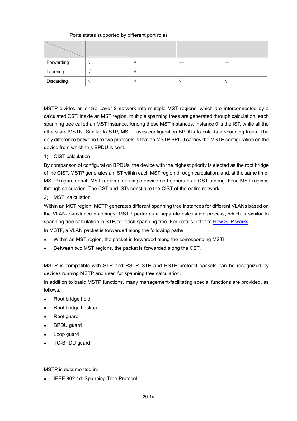 How mstp works, Implementation of mstp on devices, Protocols and standards | Table 20-6 | H3C Technologies H3C WX6000 Series Access Controllers User Manual | Page 172 / 678