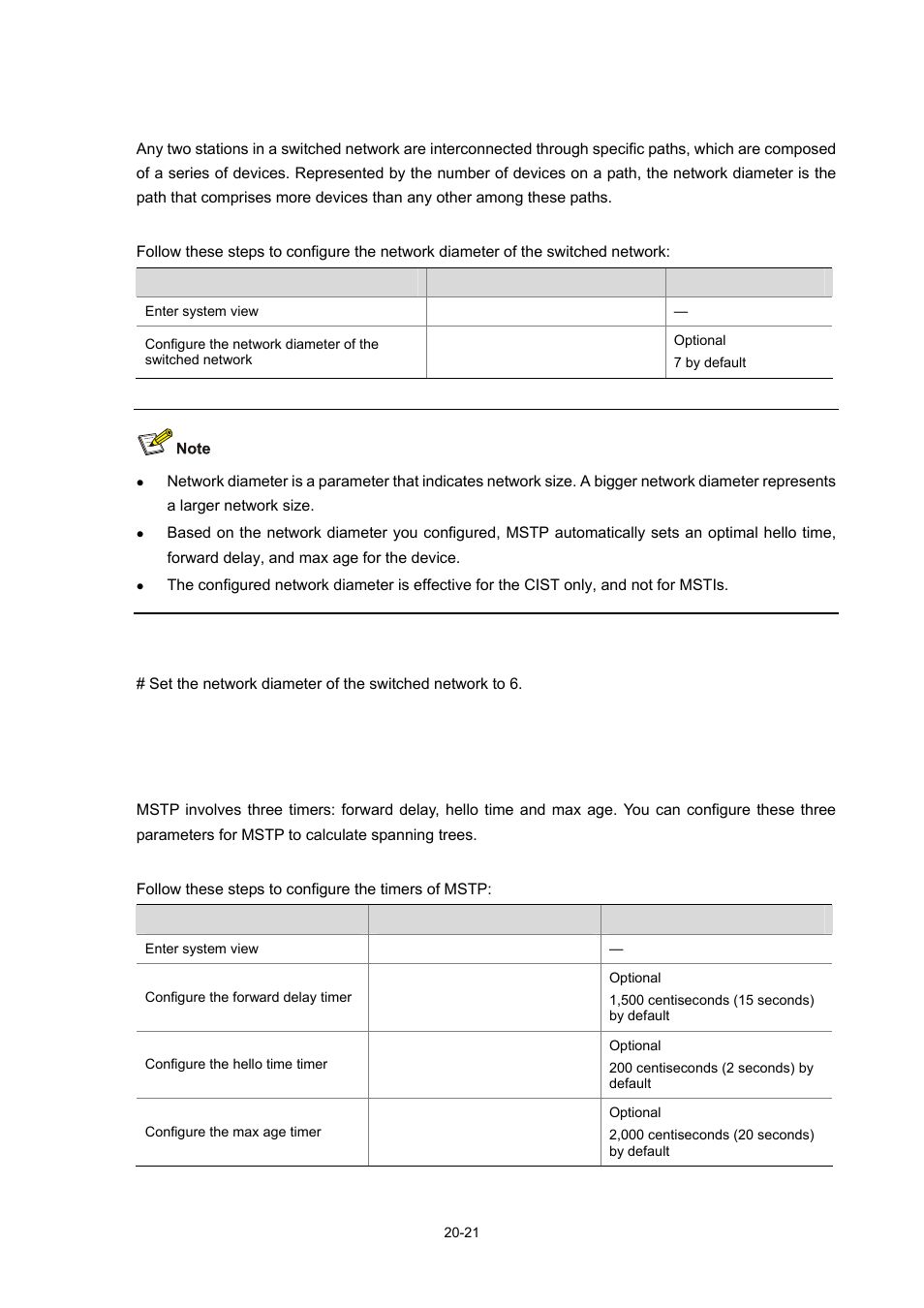 Configuration procedure, Configuration example, Configuring timers of mstp | Refer to | H3C Technologies H3C WX6000 Series Access Controllers User Manual | Page 179 / 678