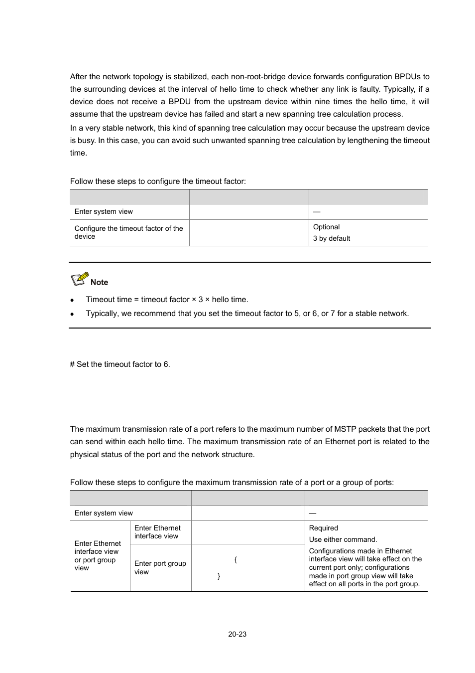 Configuring the timeout factor, Configuration procedure, Configuration example | Configuring the maximum transmission rate of ports | H3C Technologies H3C WX6000 Series Access Controllers User Manual | Page 181 / 678