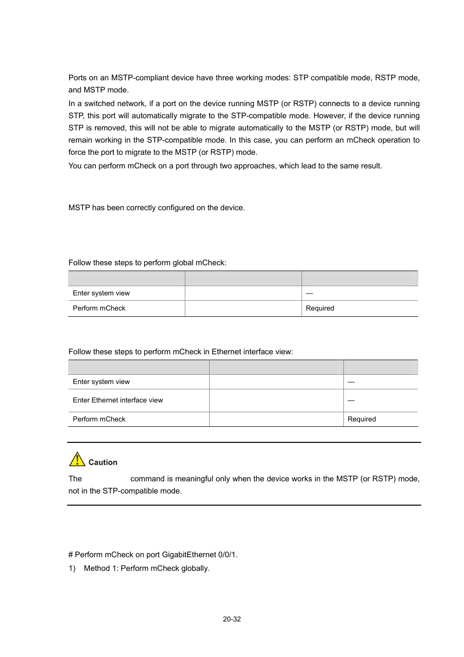 Performing mcheck, Configuration prerequisites, Configuration procedure | Performing mcheckglobally, Performing mcheck in ethernet interface view, Configuration example, 32 configuration procedure, 32 configuration example | H3C Technologies H3C WX6000 Series Access Controllers User Manual | Page 190 / 678