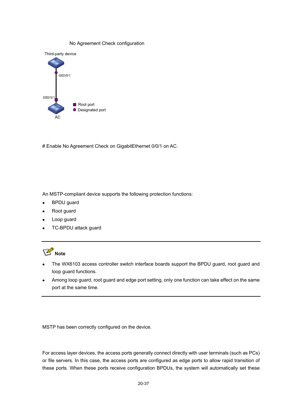 Network diagram, Configuration procedure, Configuring protection functions | Configuration prerequisites, Enabling bpdu guard, 37 enabling bpdu guard | H3C Technologies H3C WX6000 Series Access Controllers User Manual | Page 195 / 678