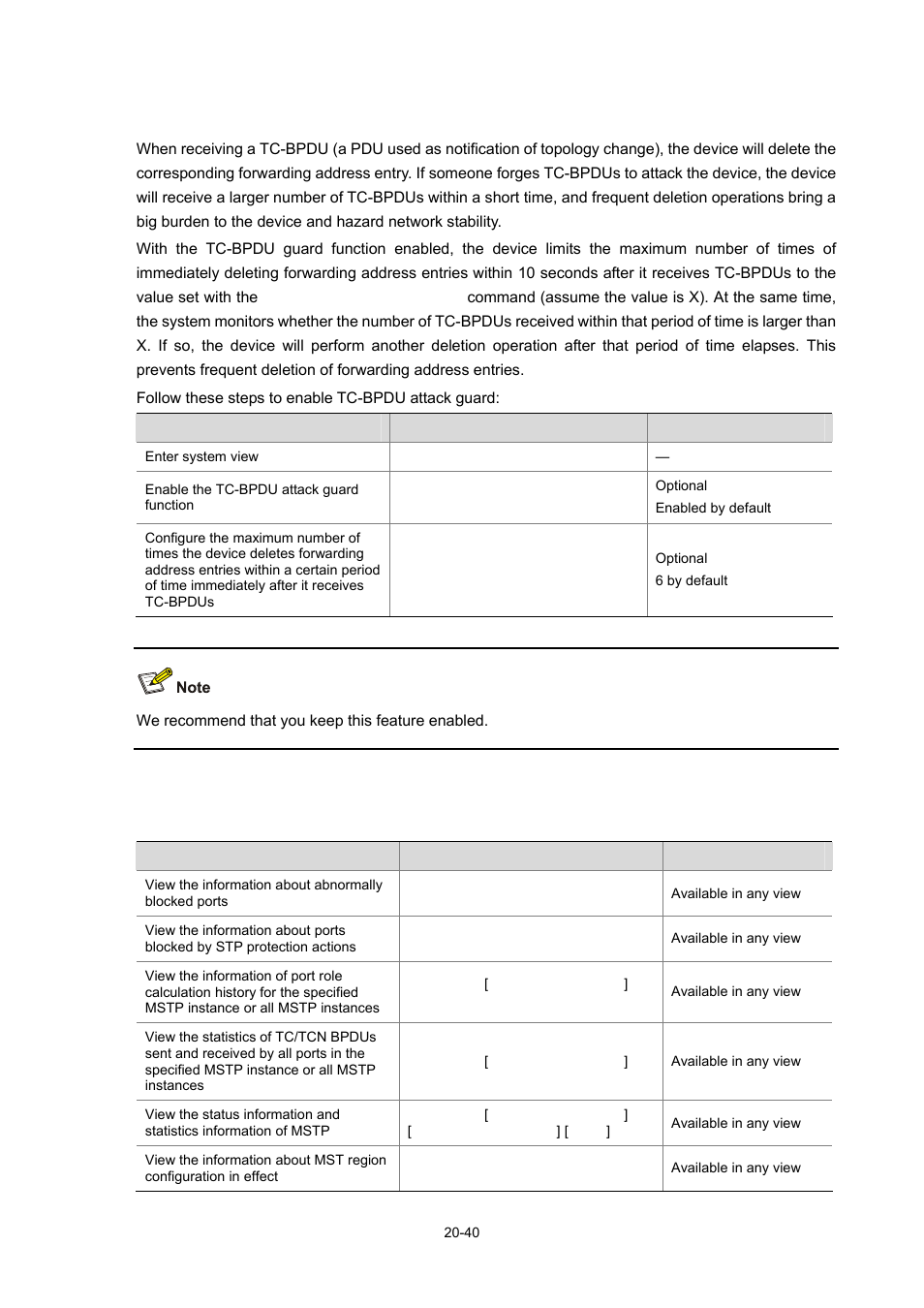 Enabling tc-bpdu attack guard, Displaying and maintaining mstp | H3C Technologies H3C WX6000 Series Access Controllers User Manual | Page 198 / 678