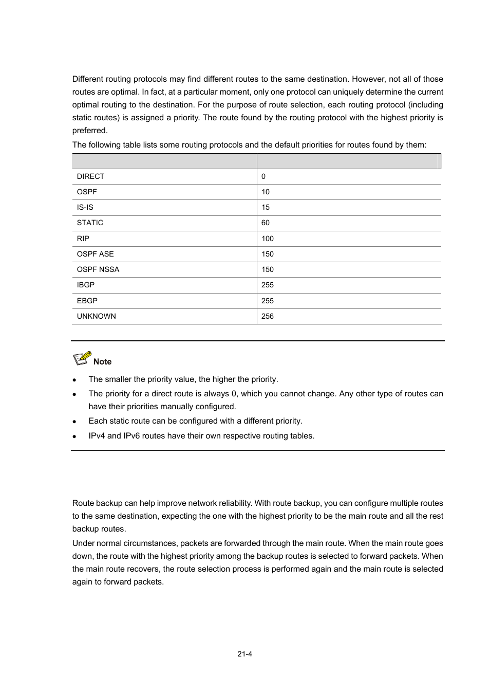 Routing protocols and routing priority, Route backup | H3C Technologies H3C WX6000 Series Access Controllers User Manual | Page 206 / 678