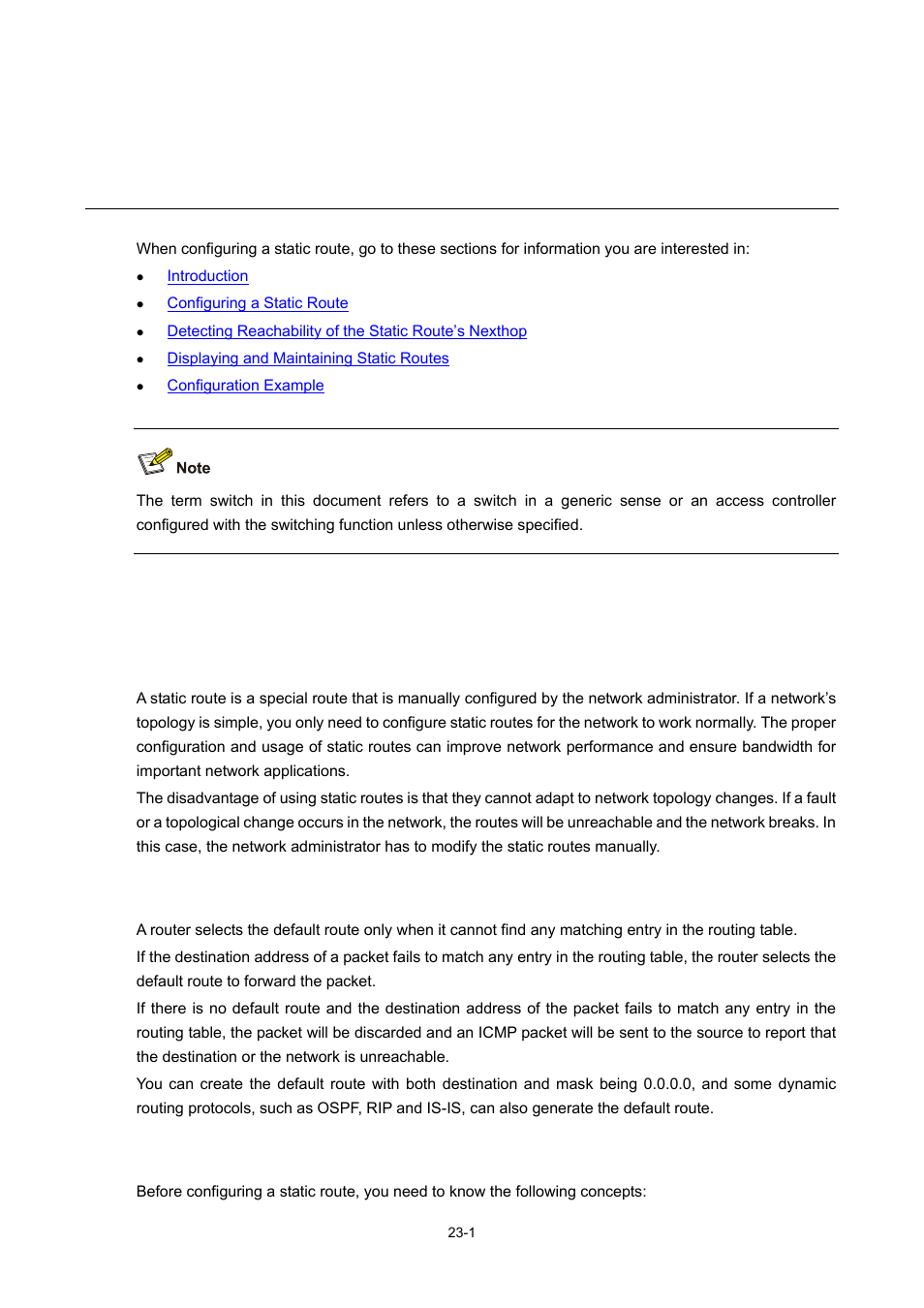 23 static routing configuration, Introduction, Static route | Default route, Application environment of static routing, 1 default route, Static routing configuration | H3C Technologies H3C WX6000 Series Access Controllers User Manual | Page 213 / 678