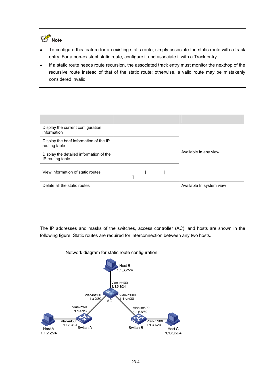 Displaying and maintaining static routes, Configuration example, Network requirements | Network diagram, 4 configuration example | H3C Technologies H3C WX6000 Series Access Controllers User Manual | Page 216 / 678