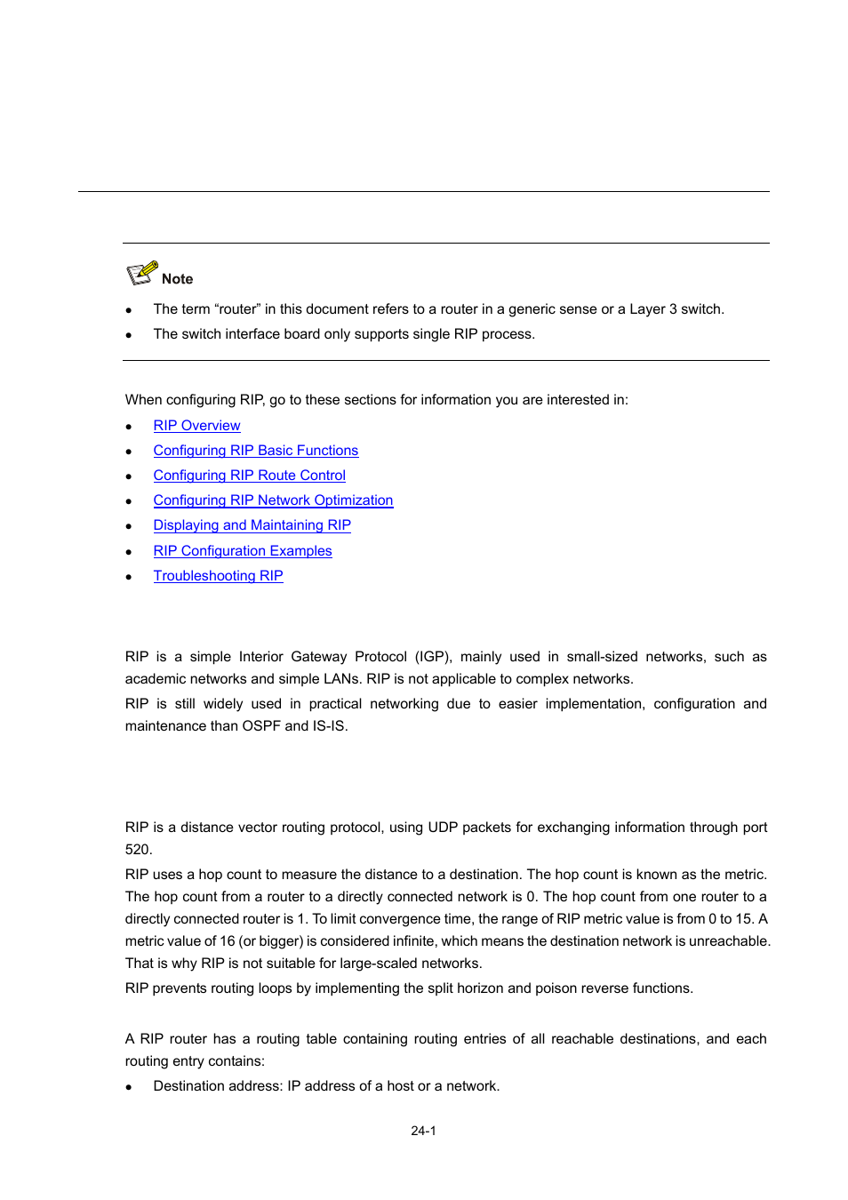 24 rip configuration, Rip overview, Rip working mechanism | Basic concepts, Rip routing table, Rip configuration | H3C Technologies H3C WX6000 Series Access Controllers User Manual | Page 219 / 678