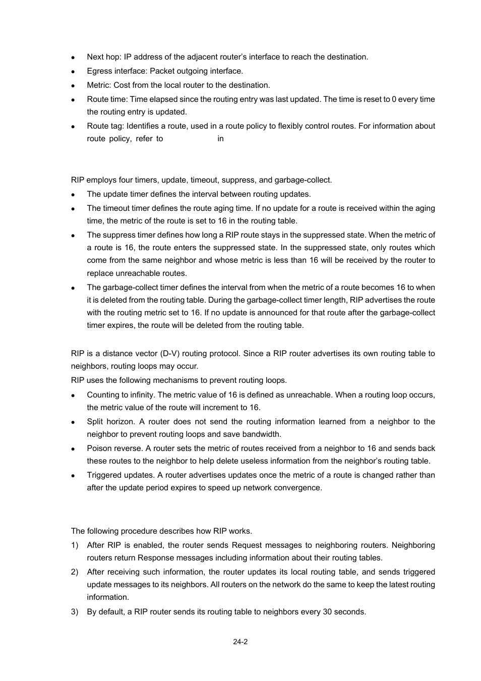 Rip timers, Routing loops prevention, Operation of rip | H3C Technologies H3C WX6000 Series Access Controllers User Manual | Page 220 / 678
