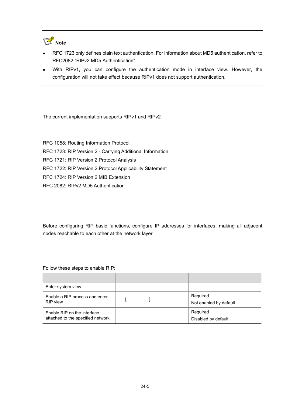 Supported rip features, Protocols and standards, Configuring rip basic functions | Configuration prerequisites, Configuration procedure, Enabling rip and a rip interface, 5 protocols and standards, 5 configuration procedure | H3C Technologies H3C WX6000 Series Access Controllers User Manual | Page 223 / 678