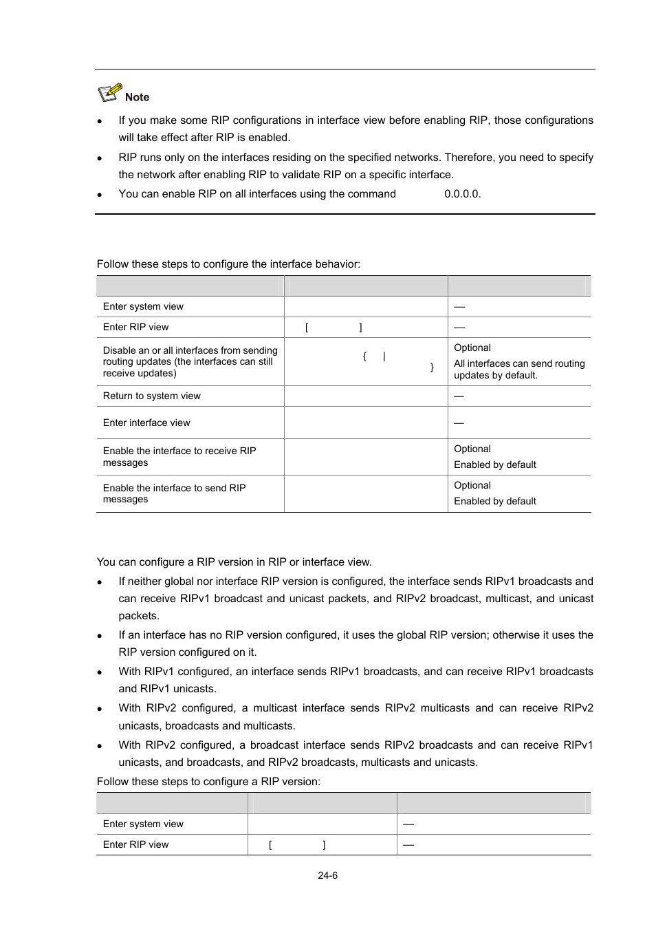 Configuring the interface behavior, Configuring a rip version | H3C Technologies H3C WX6000 Series Access Controllers User Manual | Page 224 / 678