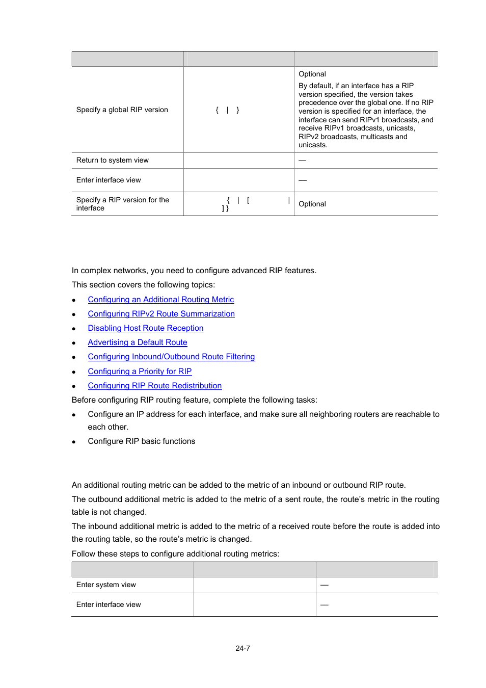 Configuring rip route control, Configuring an additional routing metric | H3C Technologies H3C WX6000 Series Access Controllers User Manual | Page 225 / 678