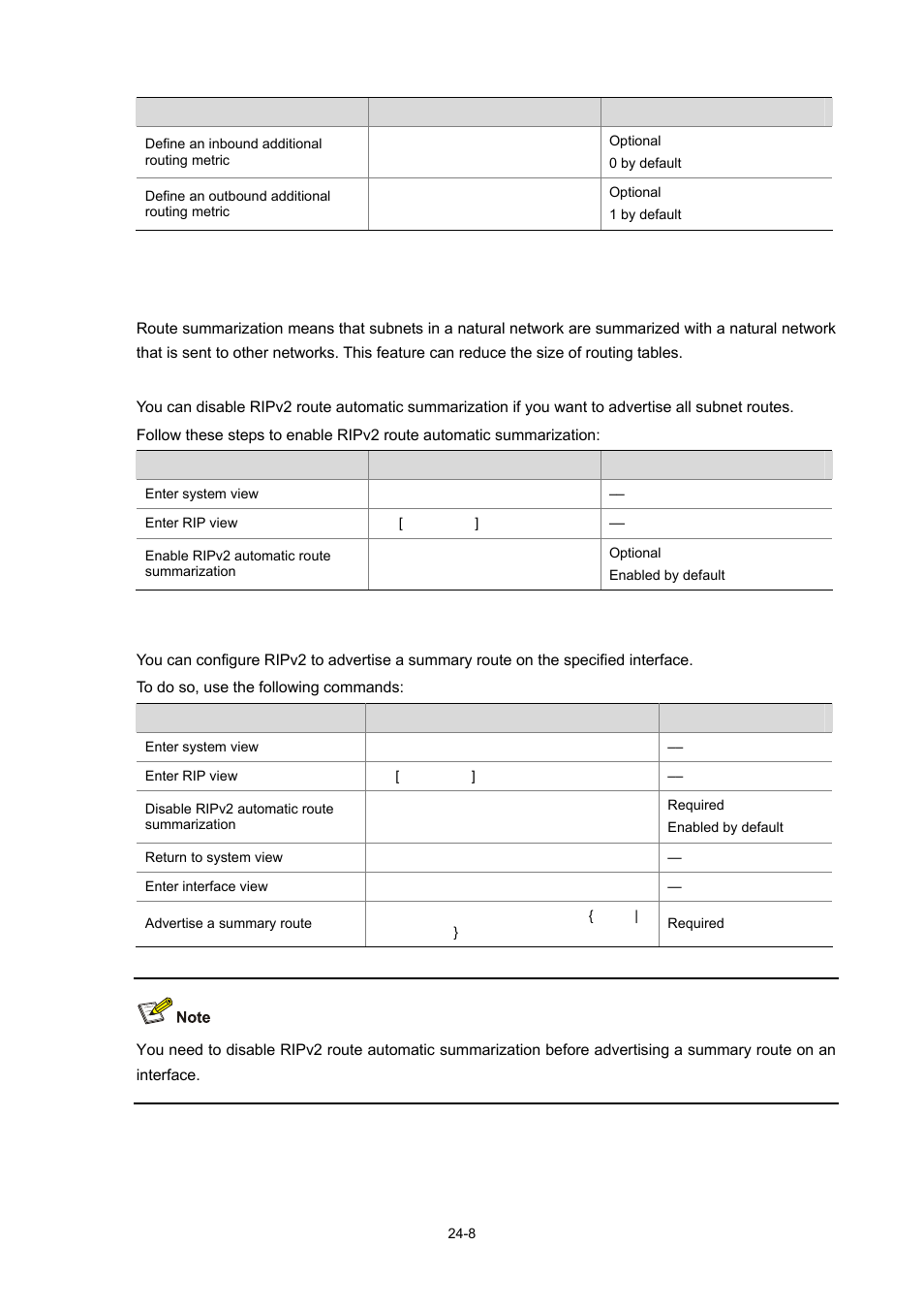 Configuring ripv2 route summarization, Enabling ripv2 route automatic summarization, Advertising a summary route | H3C Technologies H3C WX6000 Series Access Controllers User Manual | Page 226 / 678