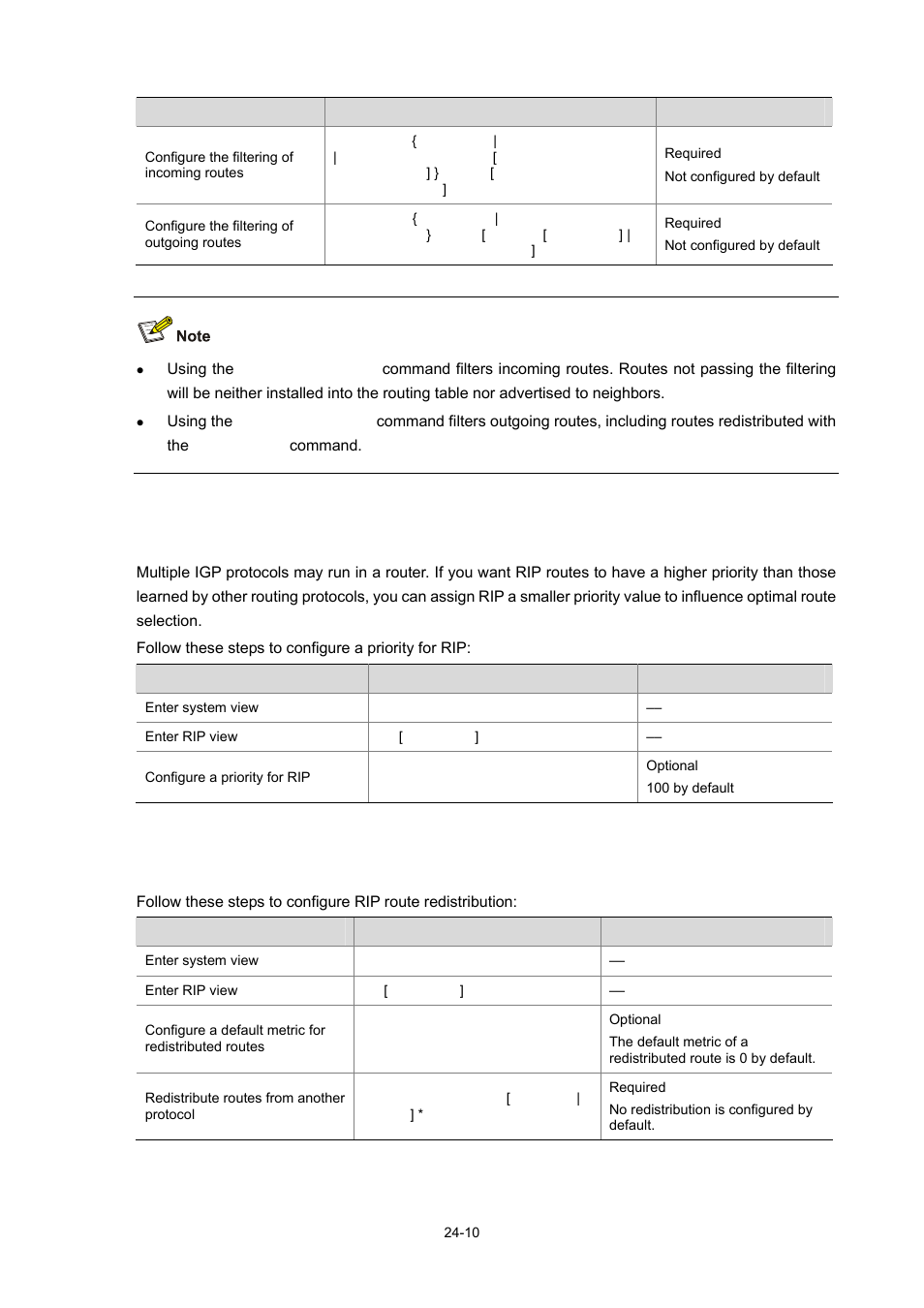 Configuring a priority for rip, Configuring rip route redistribution | H3C Technologies H3C WX6000 Series Access Controllers User Manual | Page 228 / 678