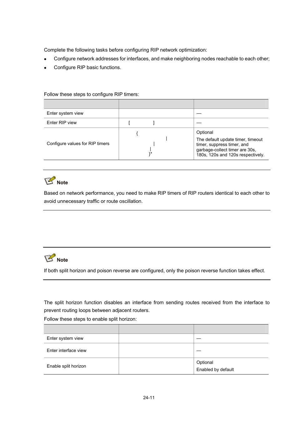 Configuring rip network optimization, Configuring rip timers, Configuring split horizon and poison reverse | Enabling split horizon | H3C Technologies H3C WX6000 Series Access Controllers User Manual | Page 229 / 678