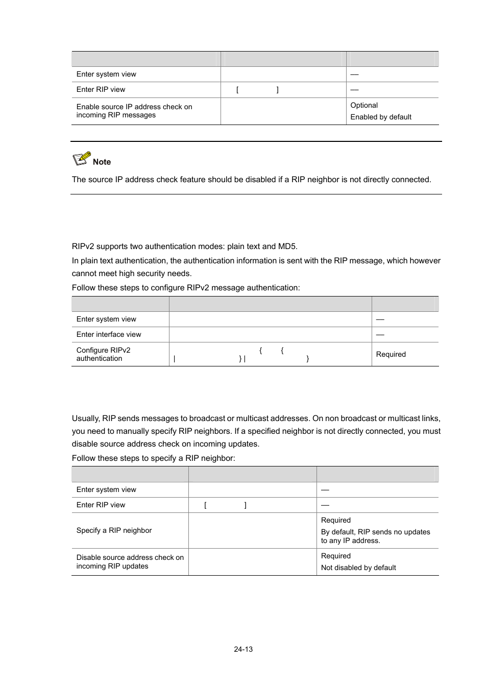 Configuring ripv2 message authentication, Specifying a rip neighbor | H3C Technologies H3C WX6000 Series Access Controllers User Manual | Page 231 / 678