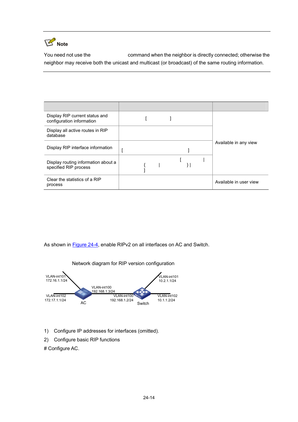Displaying and maintaining rip, Rip configuration examples, Configuring rip version | Network requirements, Network diagram, Configuration procedure | H3C Technologies H3C WX6000 Series Access Controllers User Manual | Page 232 / 678