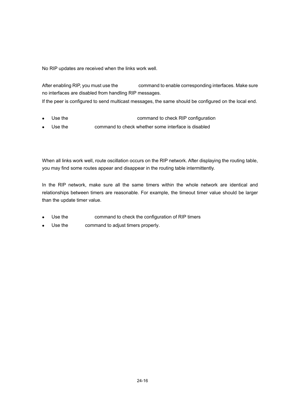 Troubleshooting rip, No rip updates received, Route oscillation occurred | 16 route oscillation occurred | H3C Technologies H3C WX6000 Series Access Controllers User Manual | Page 234 / 678