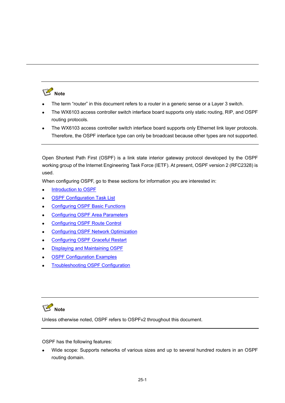 25 ospf configuration, Introduction to ospf, Ospf configuration | H3C Technologies H3C WX6000 Series Access Controllers User Manual | Page 235 / 678