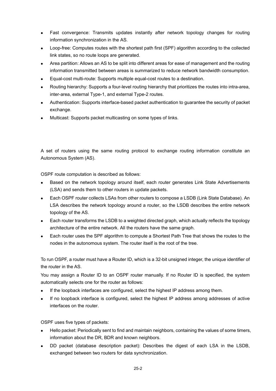 Basic concepts, Autonomous system, Ospf route computation | Router id, Ospf packets | H3C Technologies H3C WX6000 Series Access Controllers User Manual | Page 236 / 678