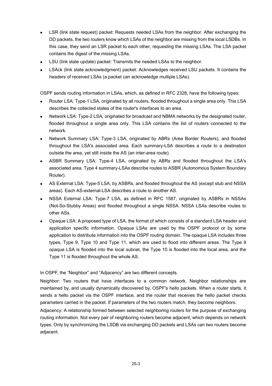 Lsa types, Neighbor and adjacency | H3C Technologies H3C WX6000 Series Access Controllers User Manual | Page 237 / 678