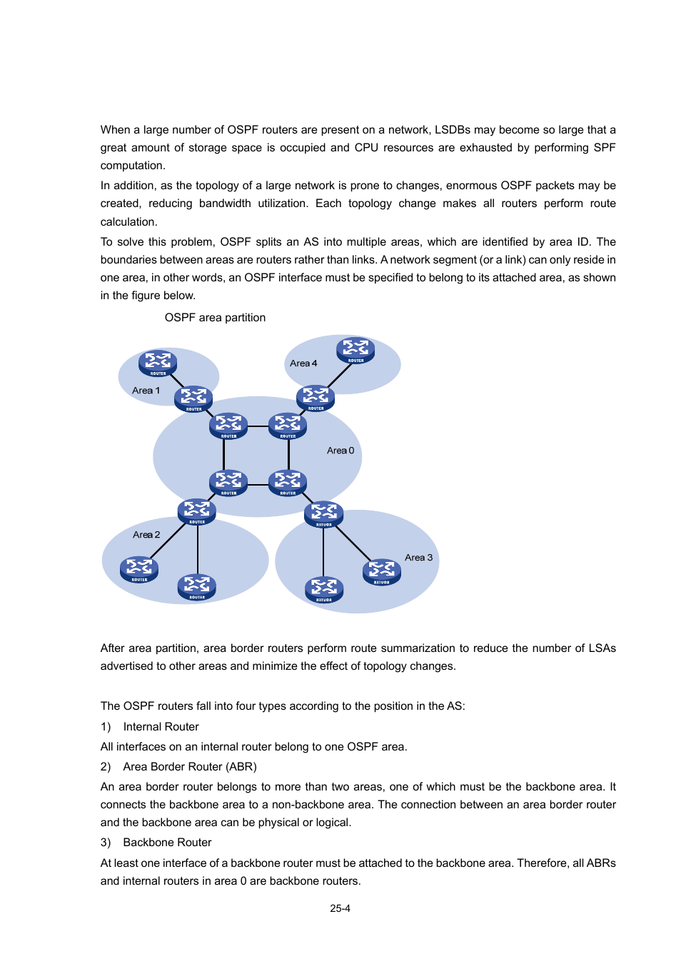Ospf area partition and route summarization, Area partition, Classification of routers | H3C Technologies H3C WX6000 Series Access Controllers User Manual | Page 238 / 678