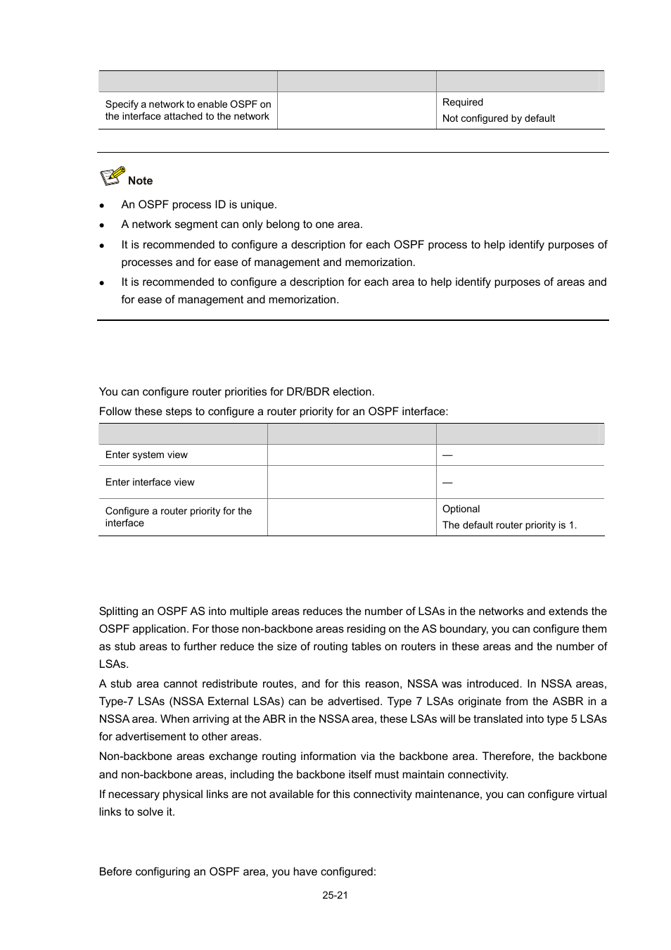 Configuring ospf area parameters, Prerequisites | H3C Technologies H3C WX6000 Series Access Controllers User Manual | Page 255 / 678