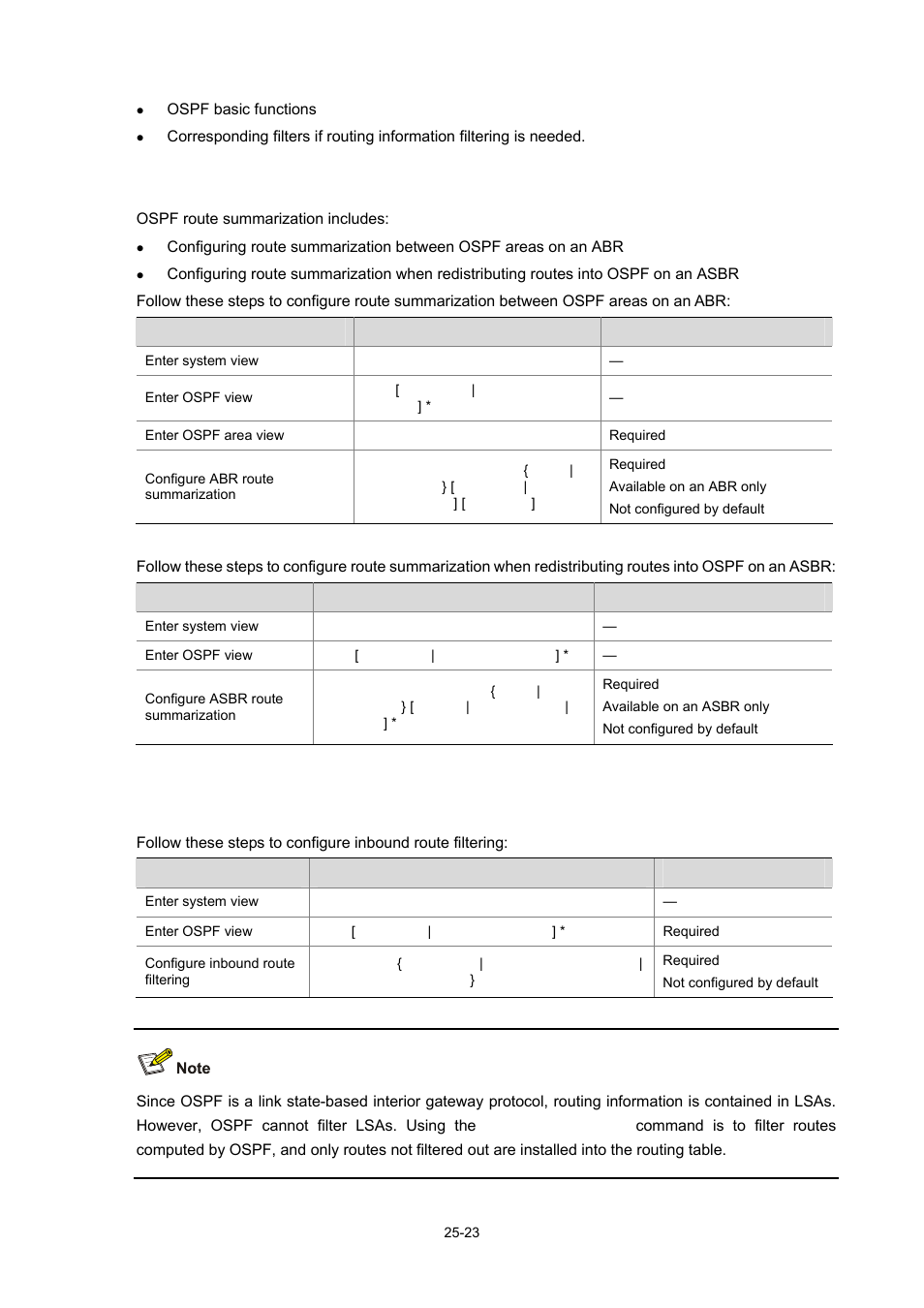 Configuring ospf route summarization, Configuring ospf inbound route filtering | H3C Technologies H3C WX6000 Series Access Controllers User Manual | Page 257 / 678