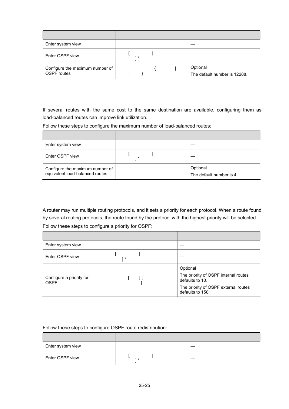 Configuring a priority for ospf, Configuring ospf route redistribution | H3C Technologies H3C WX6000 Series Access Controllers User Manual | Page 259 / 678