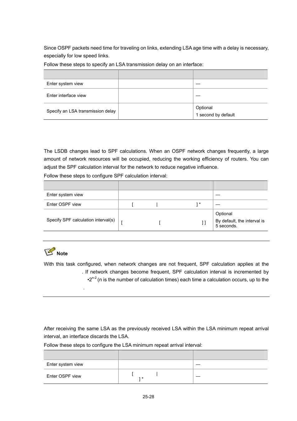 Specifying an lsa transmission delay, Specifying spf calculation interval, Specifying the lsa minimum repeat arrival interval | H3C Technologies H3C WX6000 Series Access Controllers User Manual | Page 262 / 678