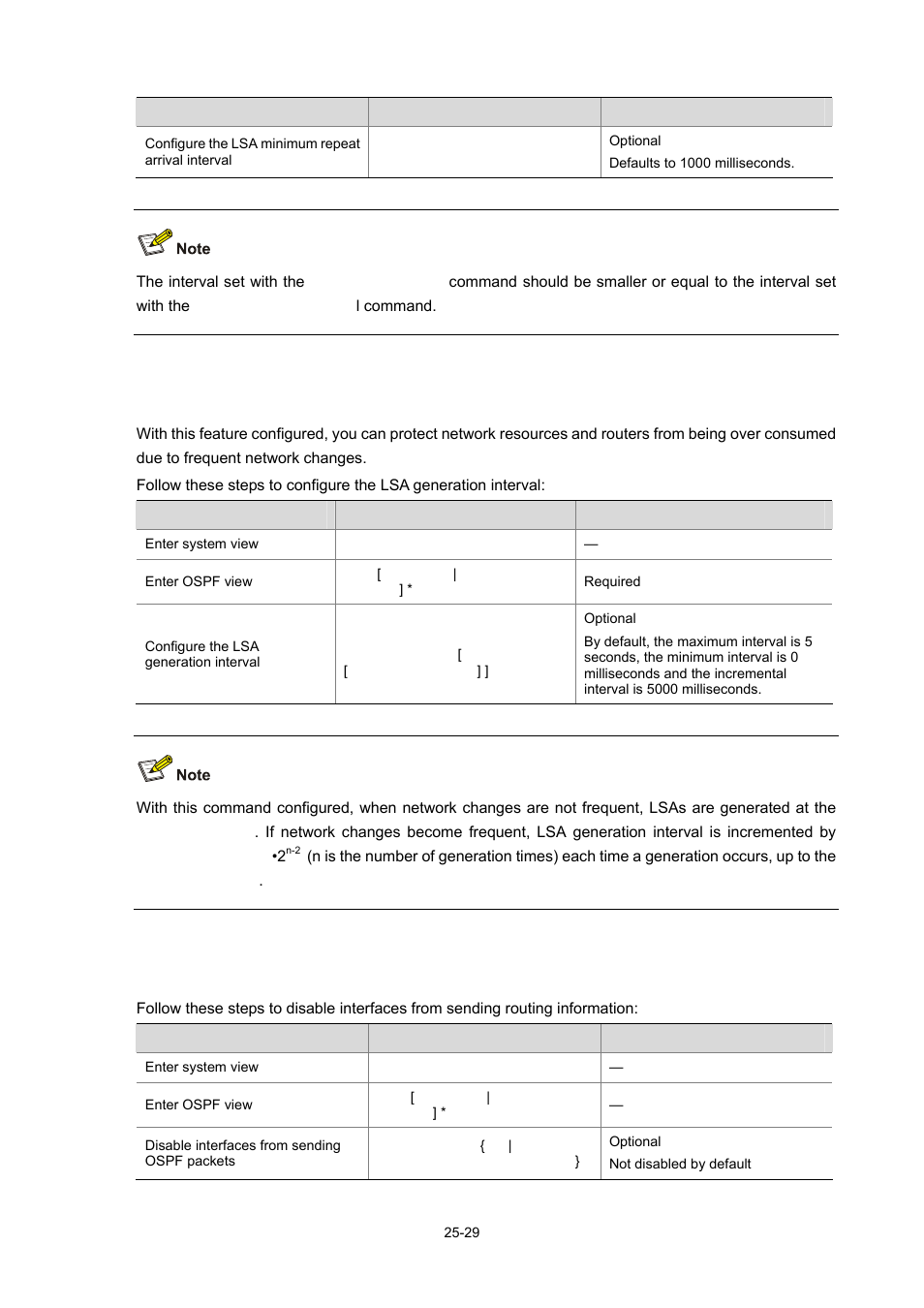 Specifying the lsa generation interval, Disabling interfaces from sending ospf packets | H3C Technologies H3C WX6000 Series Access Controllers User Manual | Page 263 / 678