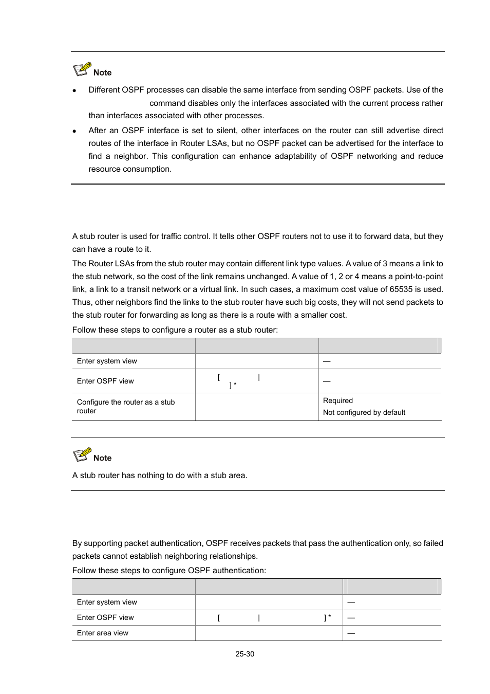 Configuring stub routers, Configuring ospf authentication | H3C Technologies H3C WX6000 Series Access Controllers User Manual | Page 264 / 678