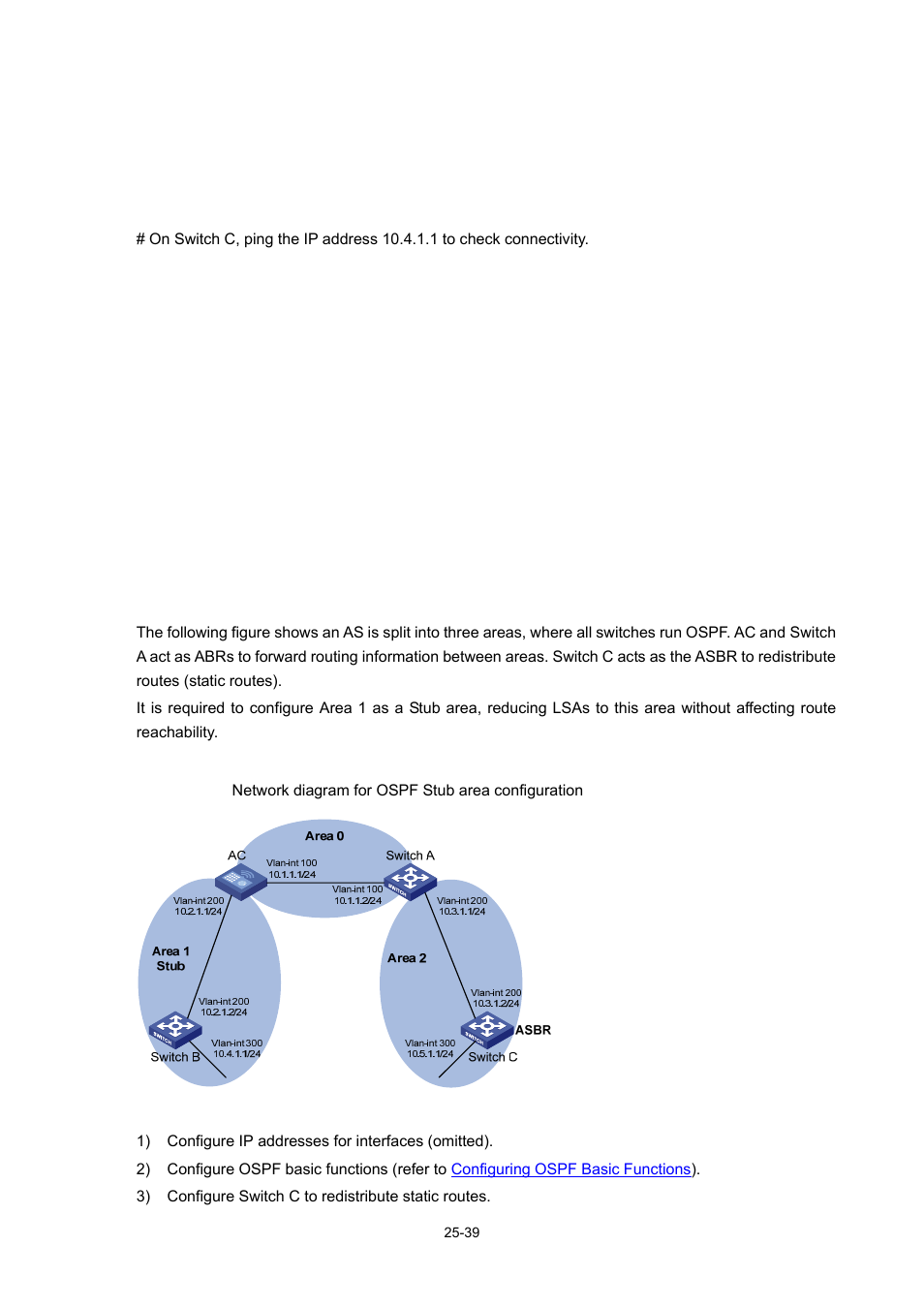Configuring an ospf stub area, Network requirements, Network diagram | H3C Technologies H3C WX6000 Series Access Controllers User Manual | Page 273 / 678