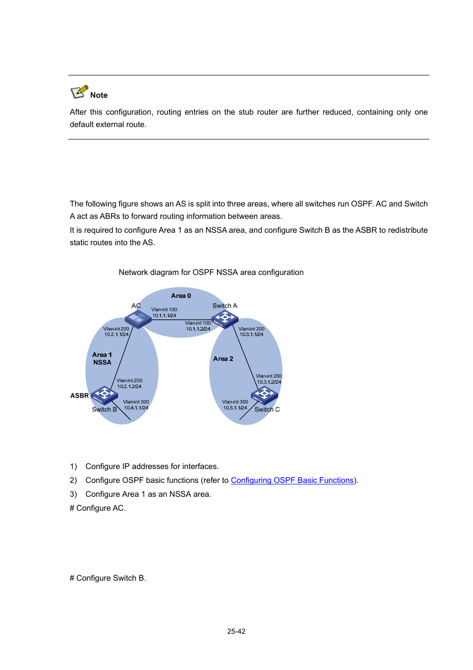 Configuring an ospf nssa area, Network requirements, Network diagram | Configuration procedure | H3C Technologies H3C WX6000 Series Access Controllers User Manual | Page 276 / 678