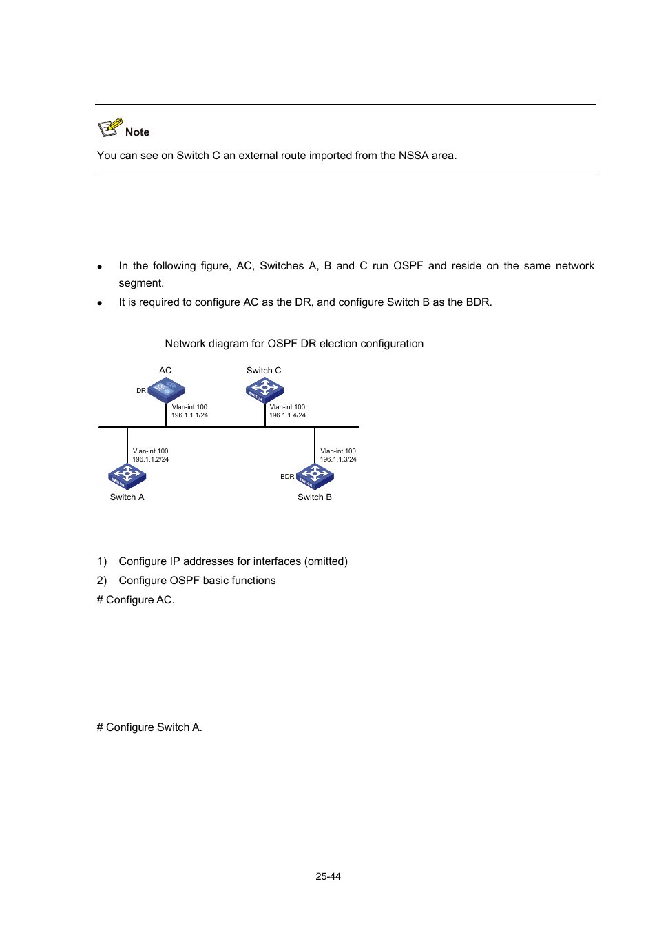 Configuring ospf dr election, Network requirements, Network diagram | Configuration procedure | H3C Technologies H3C WX6000 Series Access Controllers User Manual | Page 278 / 678