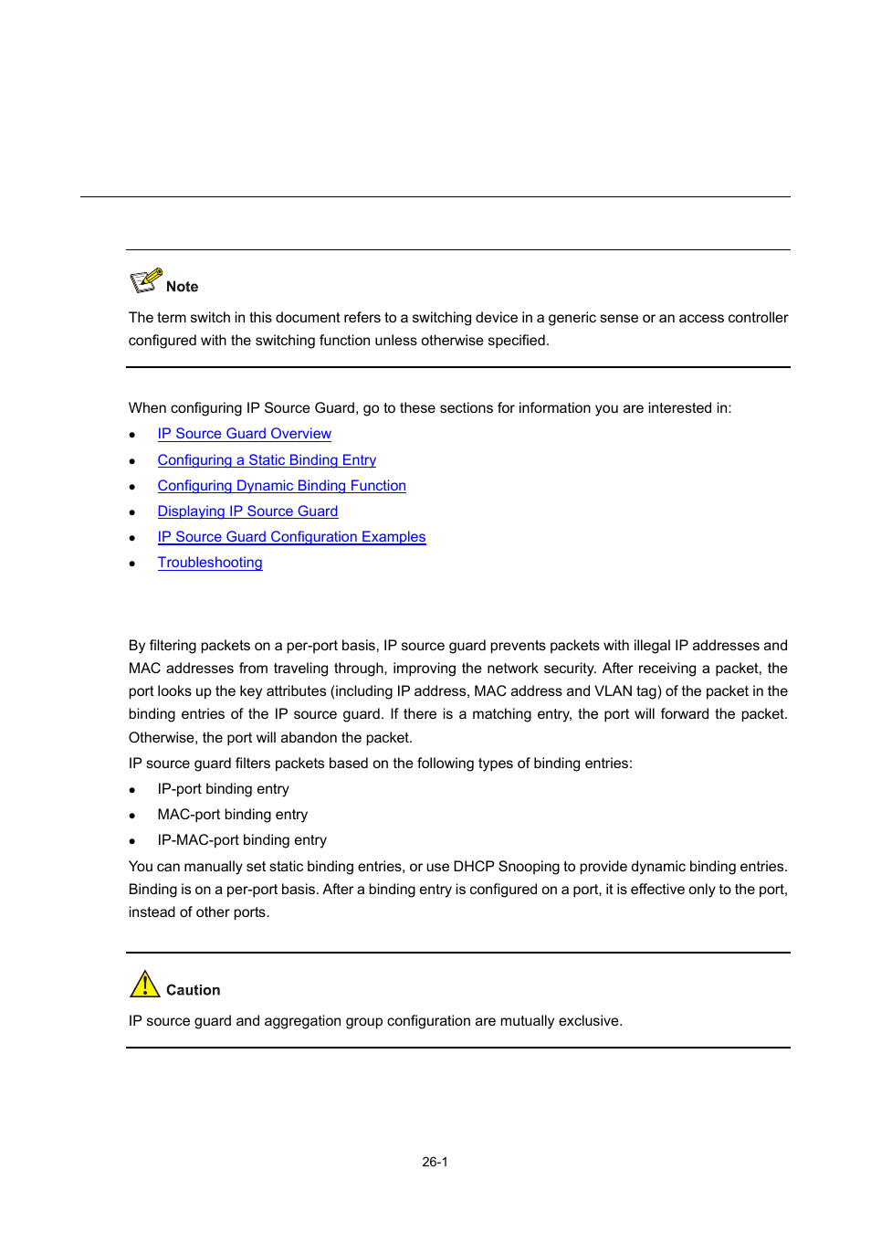 26 ip source guard configuration, Ip source guard overview, Ip source guard configuration | H3C Technologies H3C WX6000 Series Access Controllers User Manual | Page 287 / 678