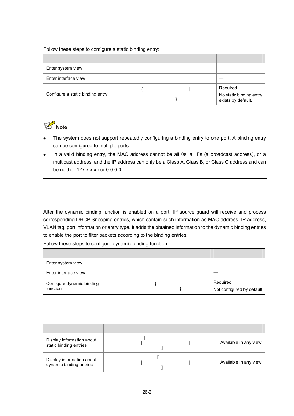 Configuring a static binding entry, Configuring dynamic binding function, Displaying ip source guard | 2 configuring dynamic binding function, 2 displaying ip source guard | H3C Technologies H3C WX6000 Series Access Controllers User Manual | Page 288 / 678