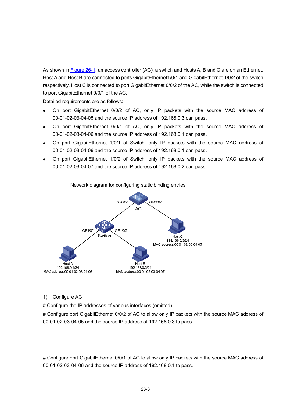 Ip source guard configuration examples, Static binding entry configuration example, Network requirements | Network diagram, Configuration procedure | H3C Technologies H3C WX6000 Series Access Controllers User Manual | Page 289 / 678