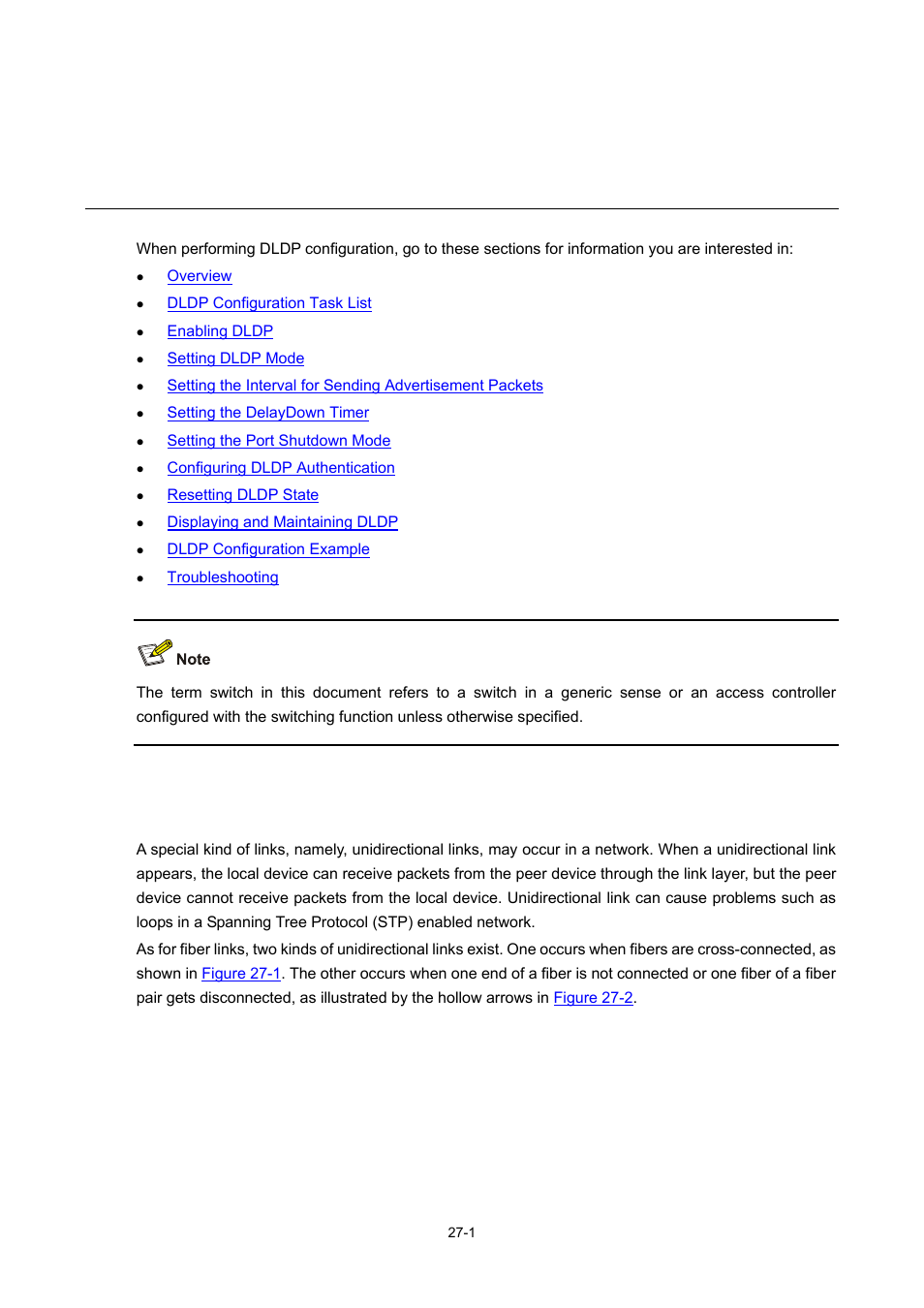 27 dldp configuration, Overview, Dldp configuration | H3C Technologies H3C WX6000 Series Access Controllers User Manual | Page 293 / 678