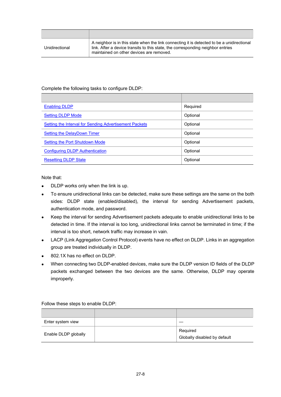 Dldp configuration task list, Enabling dldp | H3C Technologies H3C WX6000 Series Access Controllers User Manual | Page 300 / 678