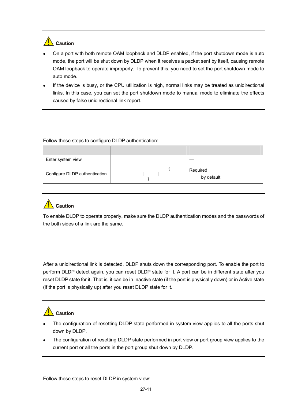 Configuring dldp authentication, Resetting dldp state, Resetting dldp state in system view | H3C Technologies H3C WX6000 Series Access Controllers User Manual | Page 303 / 678