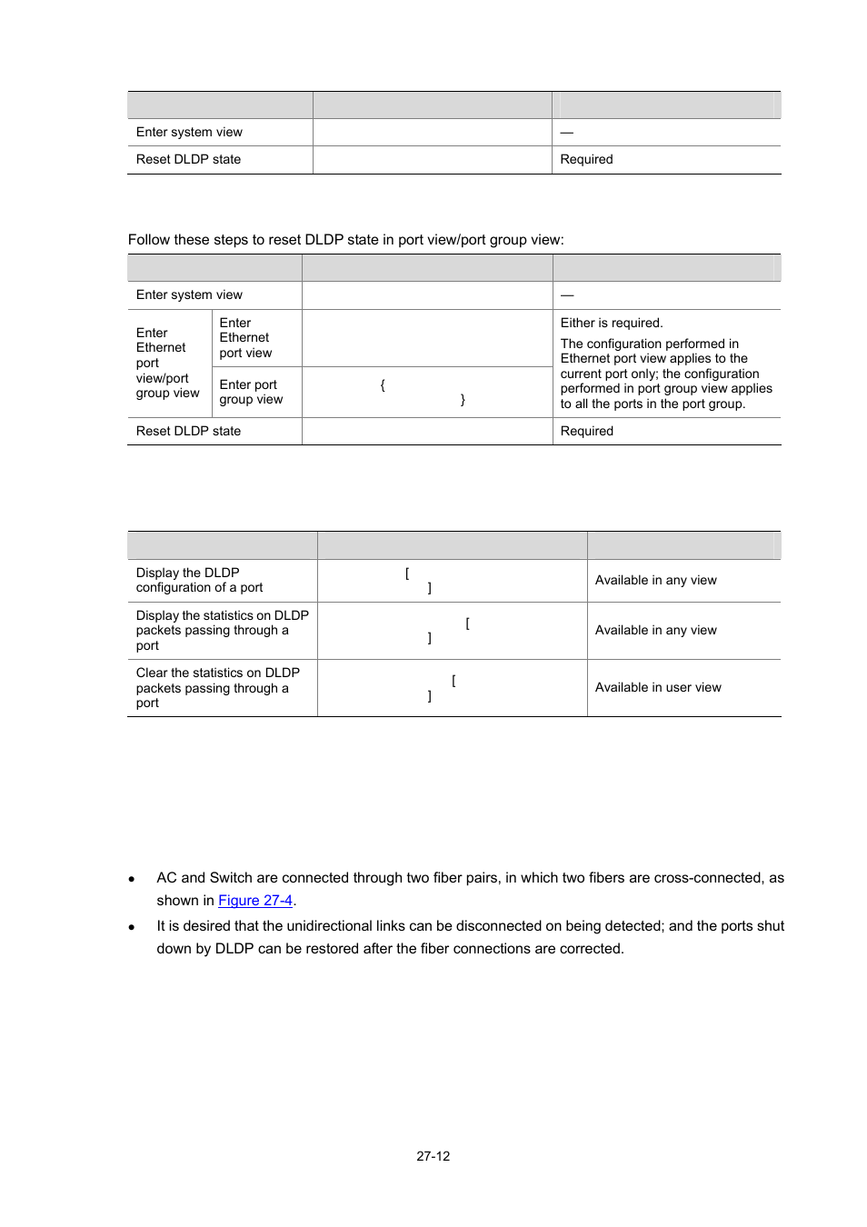 Resetting dldp state in port view/port group view, Displaying and maintaining dldp, Dldp configuration example | Network requirements, 12 dldp configuration example | H3C Technologies H3C WX6000 Series Access Controllers User Manual | Page 304 / 678