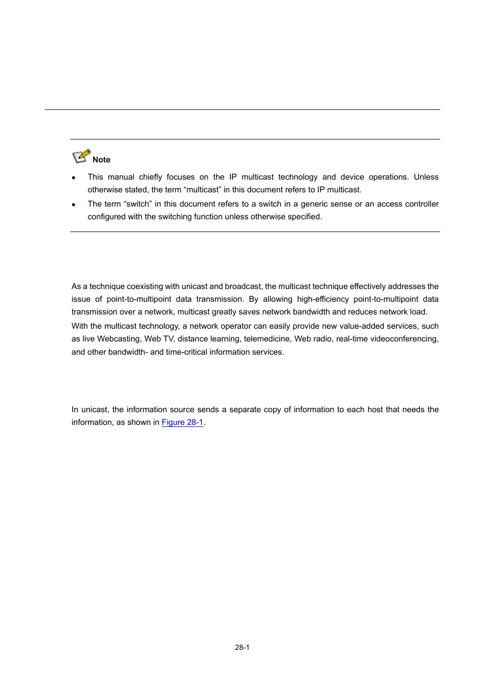 28 multicast overview, Introduction to multicast, Comparison of information transmission techniques | Unicast, Multicast overview | H3C Technologies H3C WX6000 Series Access Controllers User Manual | Page 307 / 678