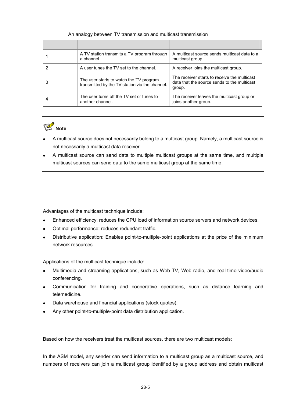 Advantages and applications of multicast, Advantages of multicast, Applications of multicast | Multicast models, Asm model, Table 28-1 | H3C Technologies H3C WX6000 Series Access Controllers User Manual | Page 311 / 678