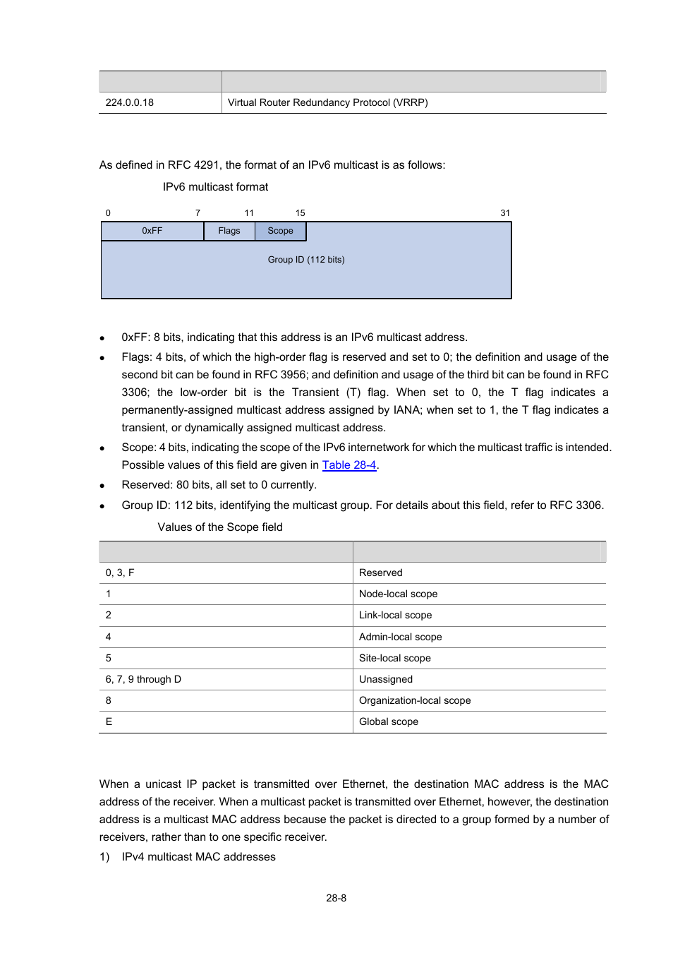 Ipv6 multicast addresses, Ethernet multicast mac addresses | H3C Technologies H3C WX6000 Series Access Controllers User Manual | Page 314 / 678