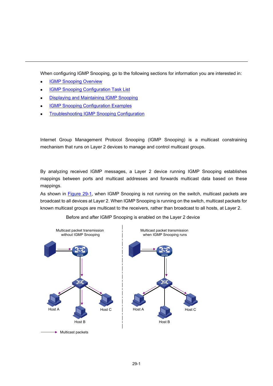 29 igmp snooping configuration, Igmp snooping overview, Principle of igmp snooping | Igmp snooping configuration | H3C Technologies H3C WX6000 Series Access Controllers User Manual | Page 319 / 678
